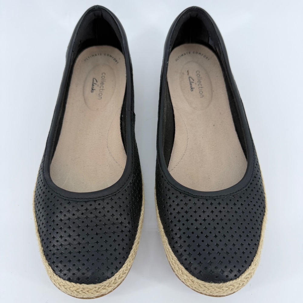 Clarks Danelly Adira Black Leather Espadrille Flats Perforated Comfort Size 8